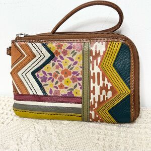 Fossil Patchwork Wristlet Leather Floral Zip Around Key Per